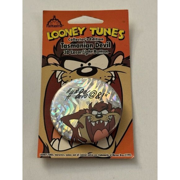 Vintage Tasmanian Devil 3-D Hologram Button Pin Taz Looney Tunes C32 - Picture 1 of 2